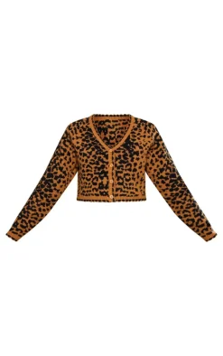 Beige Knit Jacquard Leopard Cropped Cardigan