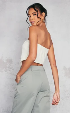 Beige Linen Look Dip Hem Crop Top