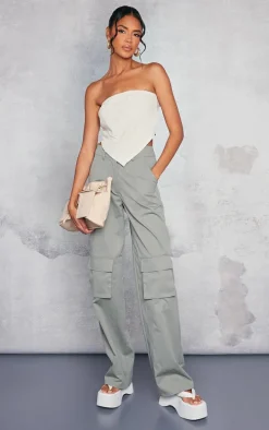 Beige Linen Look Dip Hem Crop Top