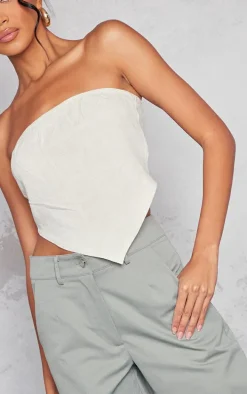 Beige Linen Look Dip Hem Crop Top
