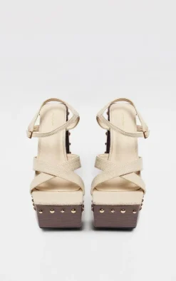 Beige Linen Look Square Toe Studded Trim Platform Sandals