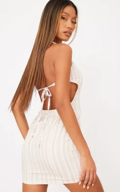 Beige Linen Look Stripe Cut Out Back Tie Shift Dress