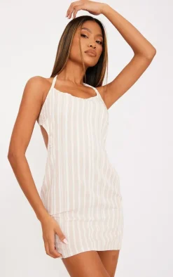 Beige Linen Look Stripe Cut Out Back Tie Shift Dress