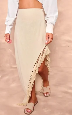 Beige Linen Look Tassel Hem Thigh Split Maxi Skirt