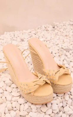 Beige Matte Pu Round Toe Stud Detail Lace Up High Heeled Wedges