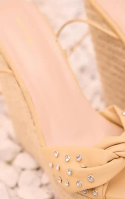 Beige Matte Pu Round Toe Stud Detail Lace Up High Heeled Wedges