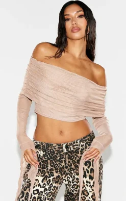 Beige Mesh Ultra Long Drape Sleeve Crop Top