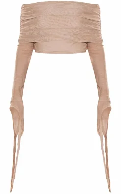 Beige Mesh Ultra Long Drape Sleeve Crop Top