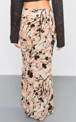 Beige Ombre Print Devore Mesh Maxi Skirt