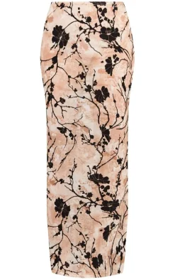 Beige Ombre Print Devore Mesh Maxi Skirt