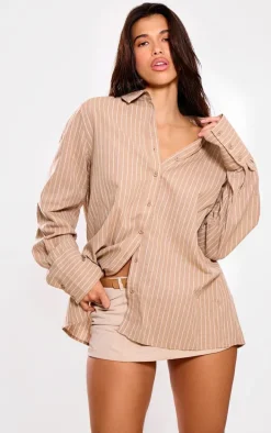 Beige Oversized Pinstripe Cuff Shirt
