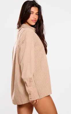 Beige Oversized Pinstripe Cuff Shirt