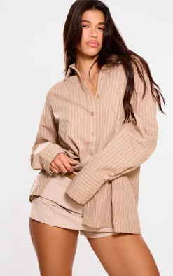 Beige Oversized Pinstripe Cuff Shirt