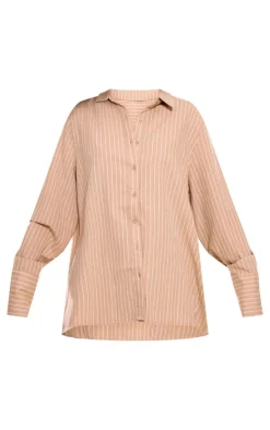 Beige Oversized Pinstripe Cuff Shirt