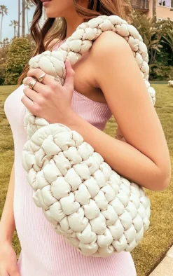Beige Padded Knot Zip Shoulder Bag