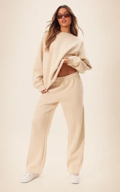 Beige Panelled Rib Detail Wide Leg Sweatpants