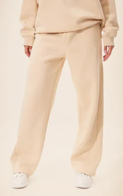 Beige Panelled Rib Detail Wide Leg Sweatpants