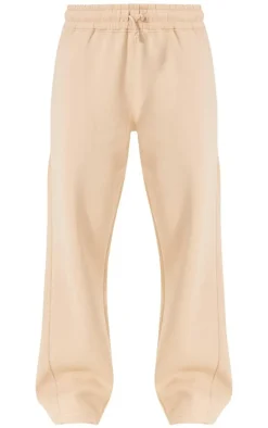 Beige Panelled Rib Detail Wide Leg Sweatpants