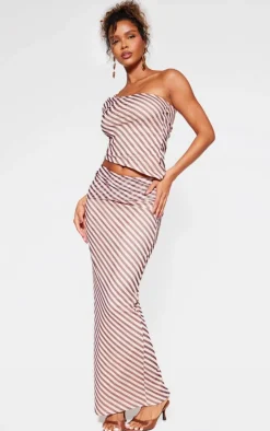 Beige Pinstripe Chiffon Low Rise Maxi Skirt