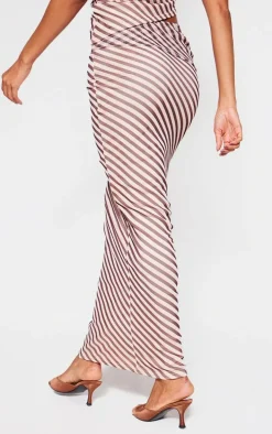 Beige Pinstripe Chiffon Low Rise Maxi Skirt