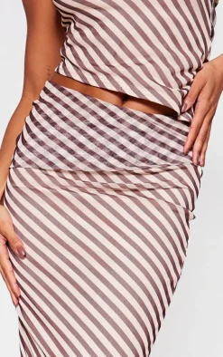 Beige Pinstripe Chiffon Low Rise Maxi Skirt