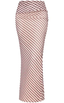 Beige Pinstripe Chiffon Low Rise Maxi Skirt