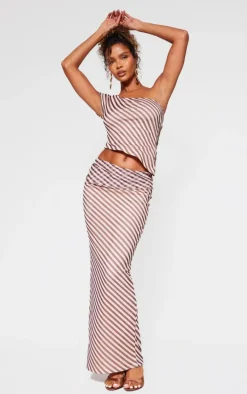 Beige Pinstripe Chiffon Ruched Asymmetric Long Top