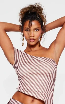 Beige Pinstripe Chiffon Ruched Asymmetric Long Top