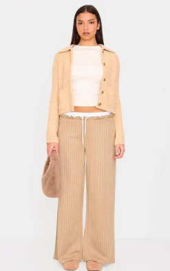 Beige Pinstripe Contrast Waistband Wide Leg Pants