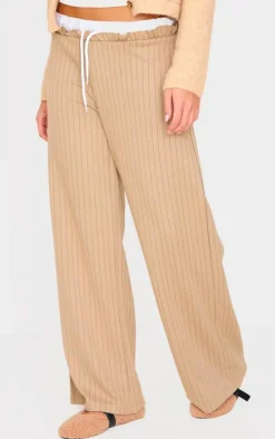 Beige Pinstripe Contrast Waistband Wide Leg Pants