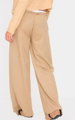 Beige Pinstripe Contrast Waistband Wide Leg Pants