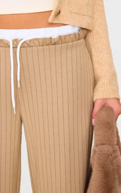 Beige Pinstripe Contrast Waistband Wide Leg Pants