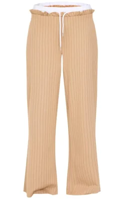 Beige Pinstripe Contrast Waistband Wide Leg Pants