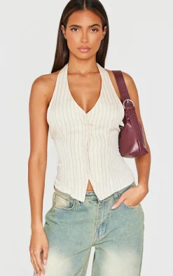 Beige Pinstripe Halterneck Vest