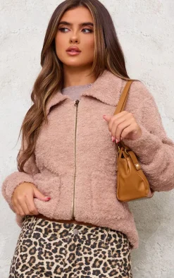 Beige Pocket Detail Zip Up Knitted Jacket