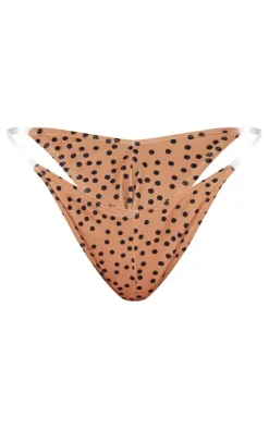 Beige Polka Dot Clear Strap Tanga Bikini Bottoms