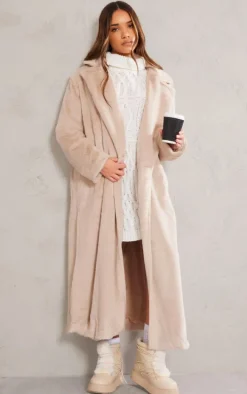 Beige Premium Soft Faux Fur Tailored Maxi Coat