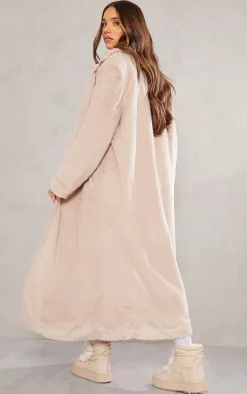 Beige Premium Soft Faux Fur Tailored Maxi Coat