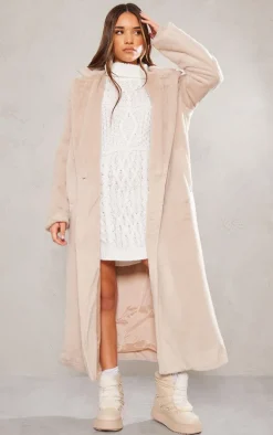 Beige Premium Soft Faux Fur Tailored Maxi Coat