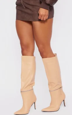 Beige Pu Point Toe Zip Off Knee High Stiletto Boots
