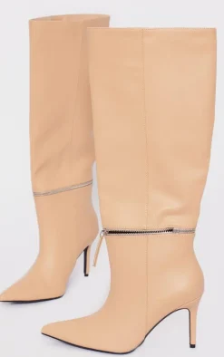 Beige Pu Point Toe Zip Off Knee High Stiletto Boots