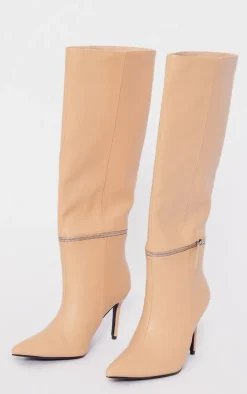 Beige Pu Point Toe Zip Off Knee High Stiletto Boots