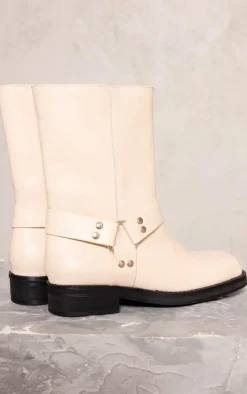 Beige PU Square Toe Buckle Detail Ankle Boots