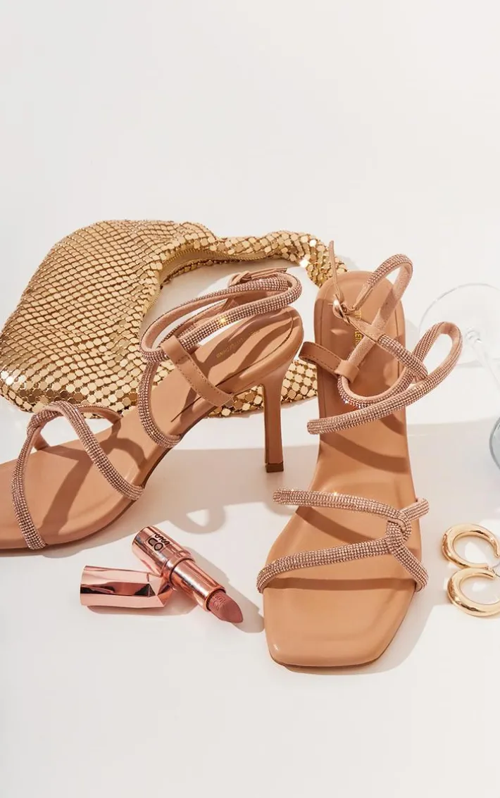 Beige PU Square Toe Diamante Linked Strap High Heeled Sandals