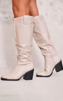 Beige Pu Square Toe Knee High Block Heeled Western Boots