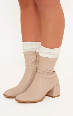 Beige PU Square Toe Low Block Heel Stretch Ankle Boots