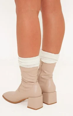 Beige PU Square Toe Low Block Heel Stretch Ankle Boots