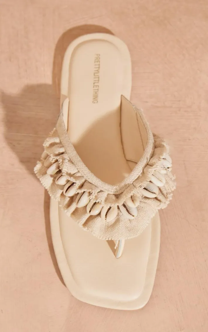 Beige PU Square Toe Shell Frayed Toe Thong Flat Sandals