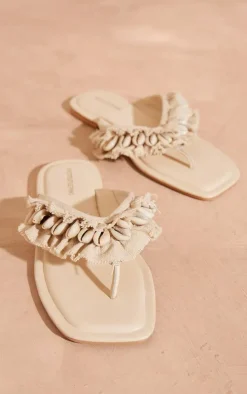 Beige PU Square Toe Shell Frayed Toe Thong Flat Sandals