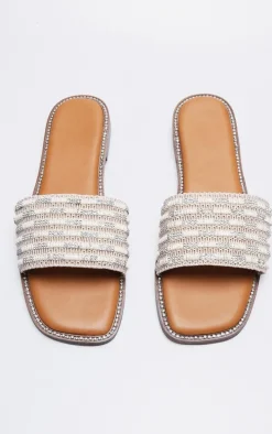 Beige Pu Square Toe Woven Strap Flat Sandals